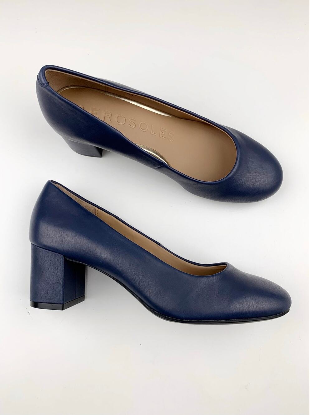 Aerosoles Ebel Pumps Blue Leather Slip On Comfort Block Heels Women's 7 Classic